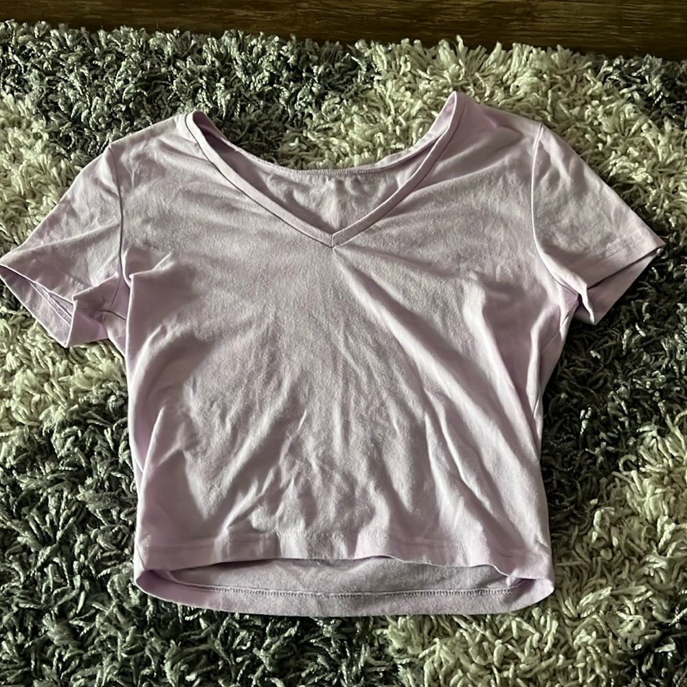 purple v neck cropped shirt
